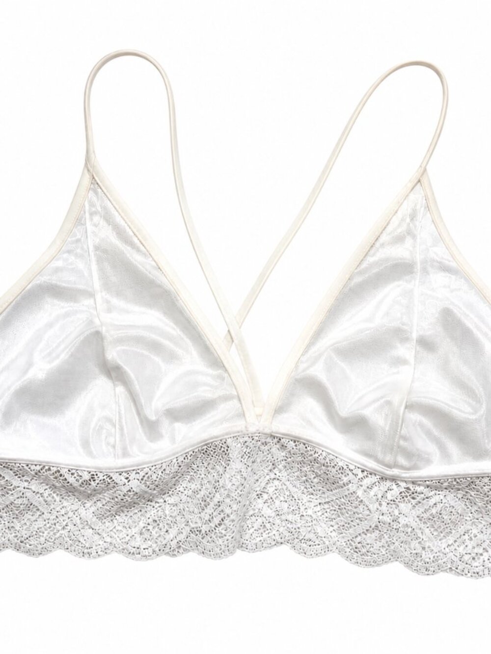 White Lace Satin Bralette Women’s Triangle Bra Soft Cup Wireless Minimal Feminin - Picture 2 of 6